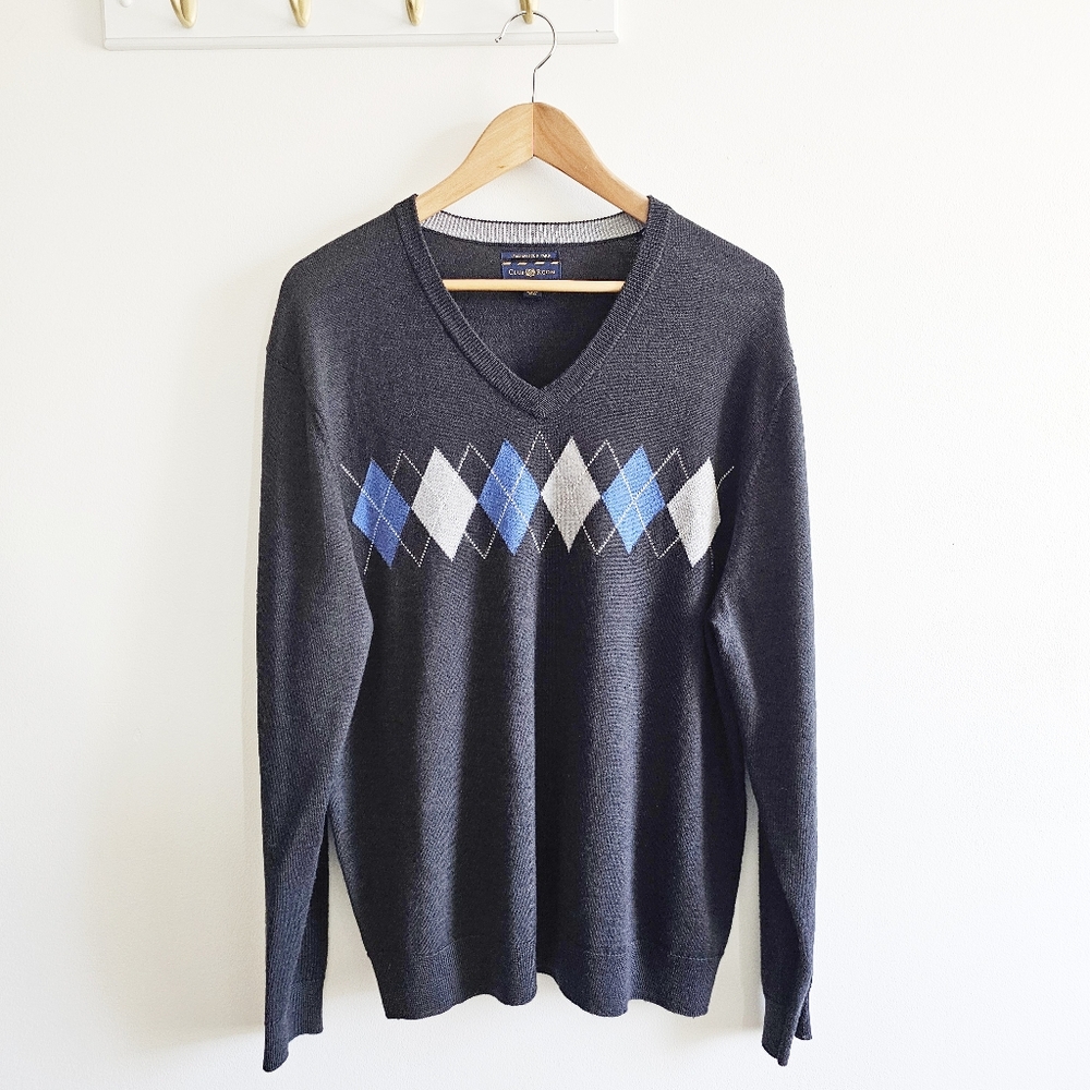 Club Room Italian Merino Wool Blend Argyle Sweater Men's Large Gray Blue V-Neck
